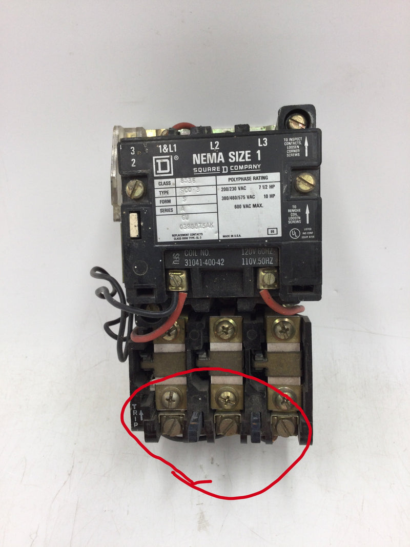 Square D 8536SC03 Motor Starter Nema 1 Contactor 3 Pole Coil 110/120v 600VAC Max 10hp