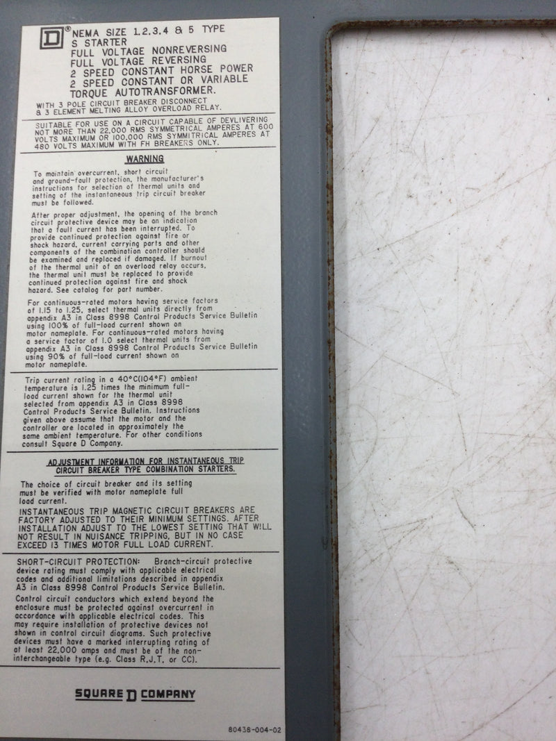 Square D Motor Starter Bucket/Box Door Only for Type S Starters Nema Rated 1,2.3,4 & 5 w/ Reset Button