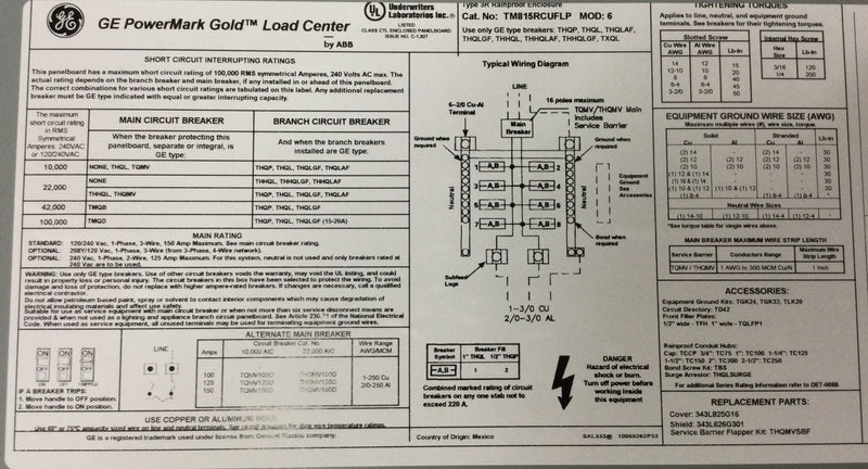 GE TM815RCUFLP PowerMark Gold 150 Amp 8-Space 16-Circuit Load Center Outdoor Main Breaker Circuit Breaker Panel