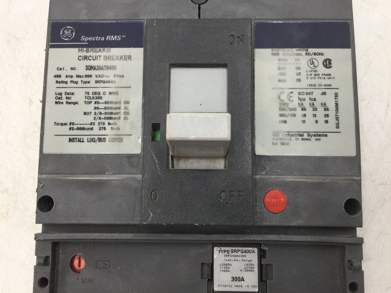 GE General Electric SGHA36AT0400 400 Amp 3 Pole 600V Spectra Circuit Breaker w/300 Amp Trip