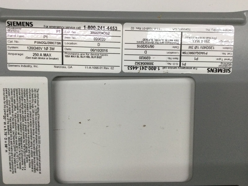 Siemens P1A42QJ200CTSN Dead Front Only with Main 250 Amp 120/240V 30 3/4" x 12 1/2"