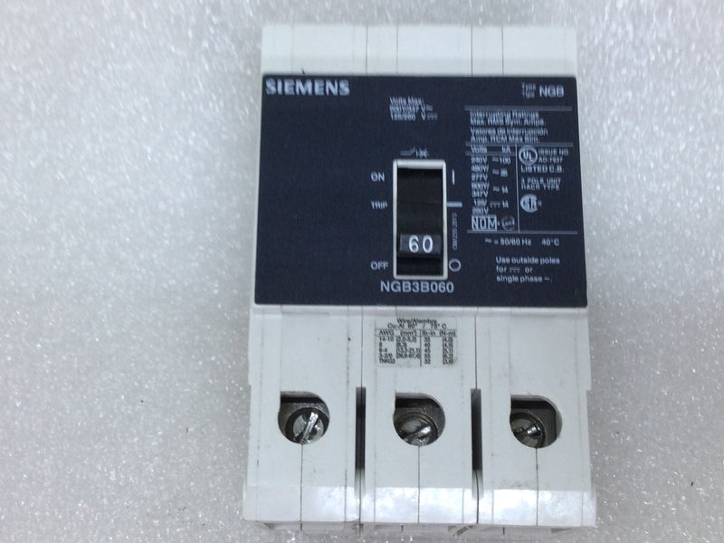 Siemens NGB3B060 60 Amp 3 Pole 600V Circuit Breaker