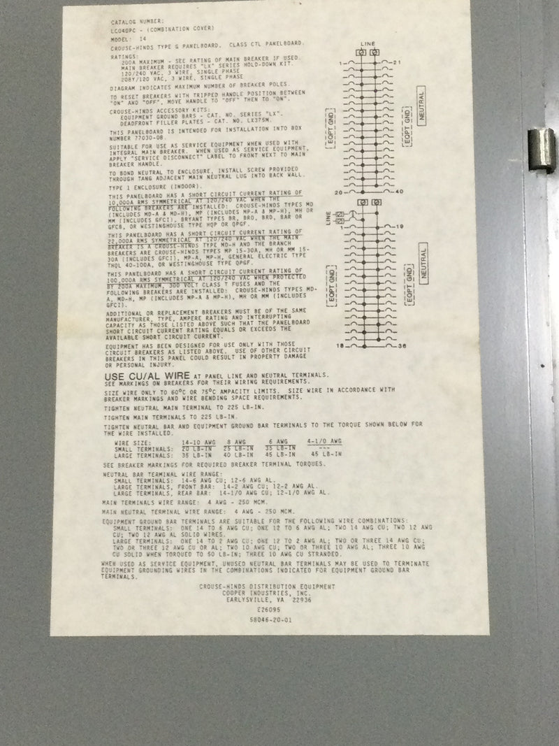 Crouse-Hinds LC040PC 20 Space 40 Circuit 200 Amp 120/240 VAC MLO Load Center 14" X 36"