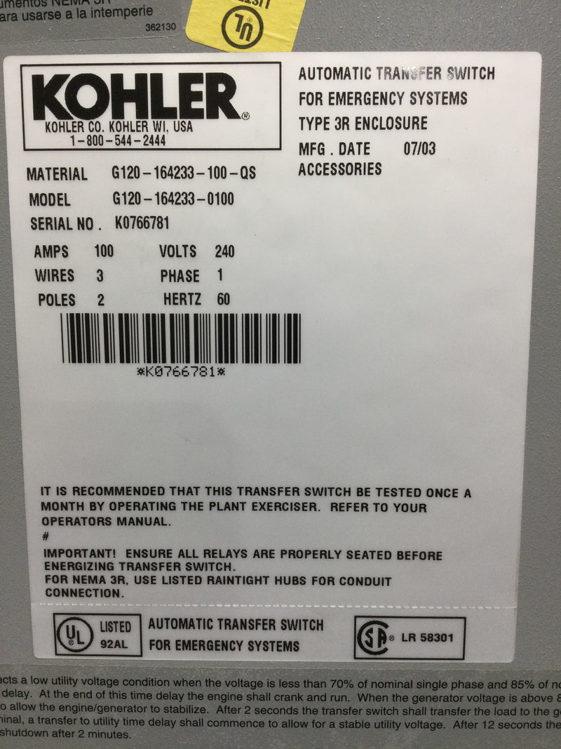 Kohler G120-164233-0100 power switching device