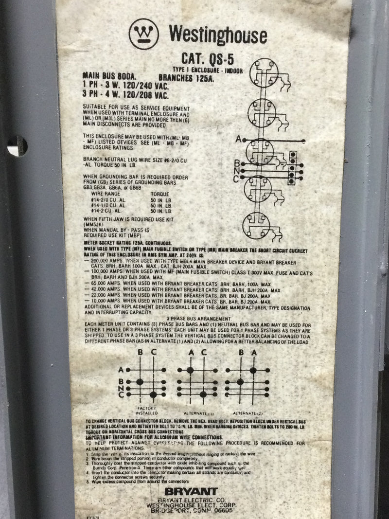 Westinghouse/Bryant Meter QS-4 / Q-S5 QS/QP Quick-Stack Meter Center MF6N 600 amp Fusible Main Switch Buss Bars