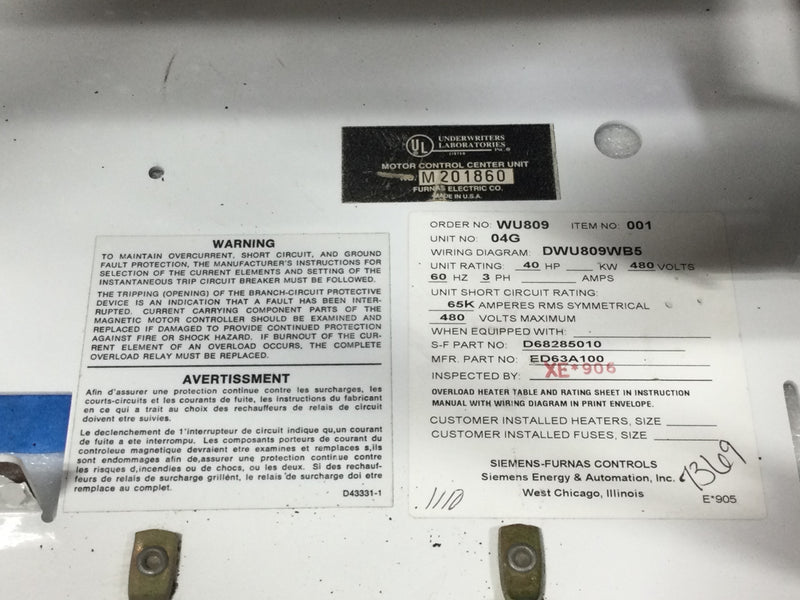 Siemens-Furnas D68285010 89 Tiastar Size 1 MCC Bucket 60A 480V 3Ph Empty Bucket