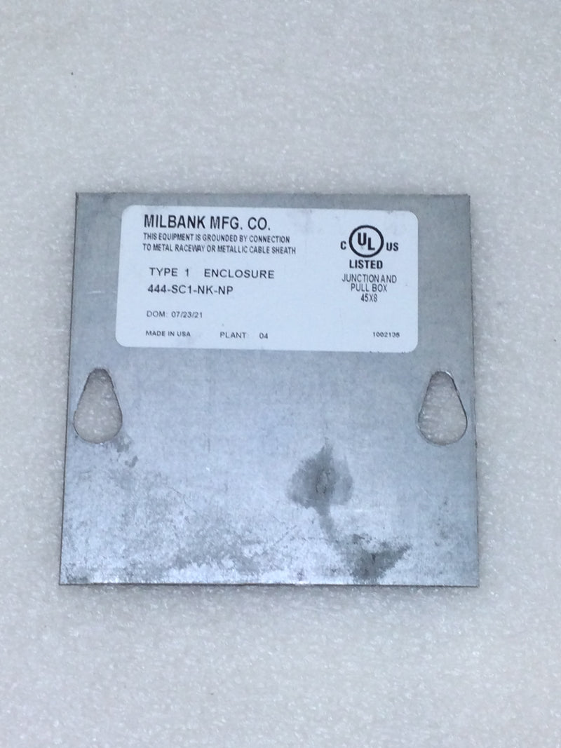 Milbank 4" Square Cover Plate for 444-SC1-NK-NP Junction Box Enclosure