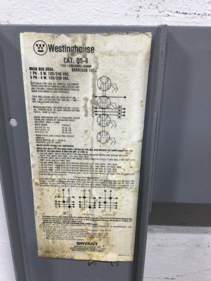Westinghouse/Bryant Meter QS-4 QS/QP Quick-Stack Meter Center MF6N 600 amp Cover 47 1/4" x 12"