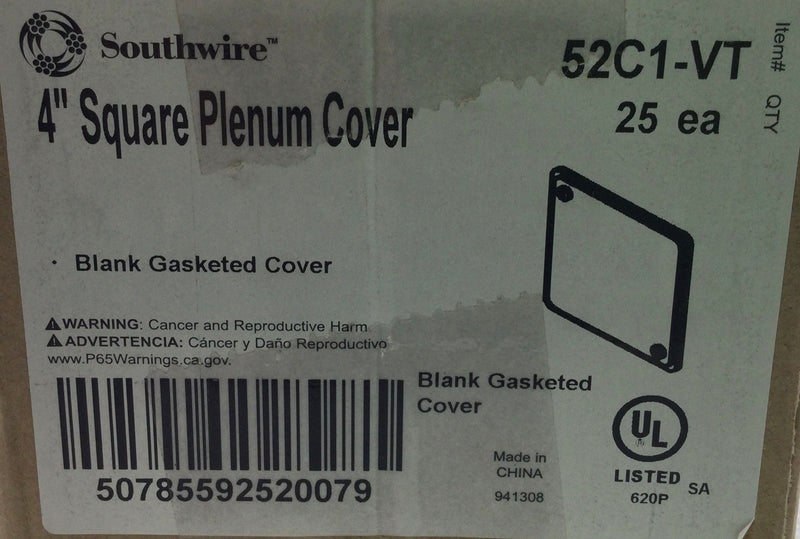 Southwire 52C1-VT 4" Square Plenum Cover/Blank Gasketed Cover