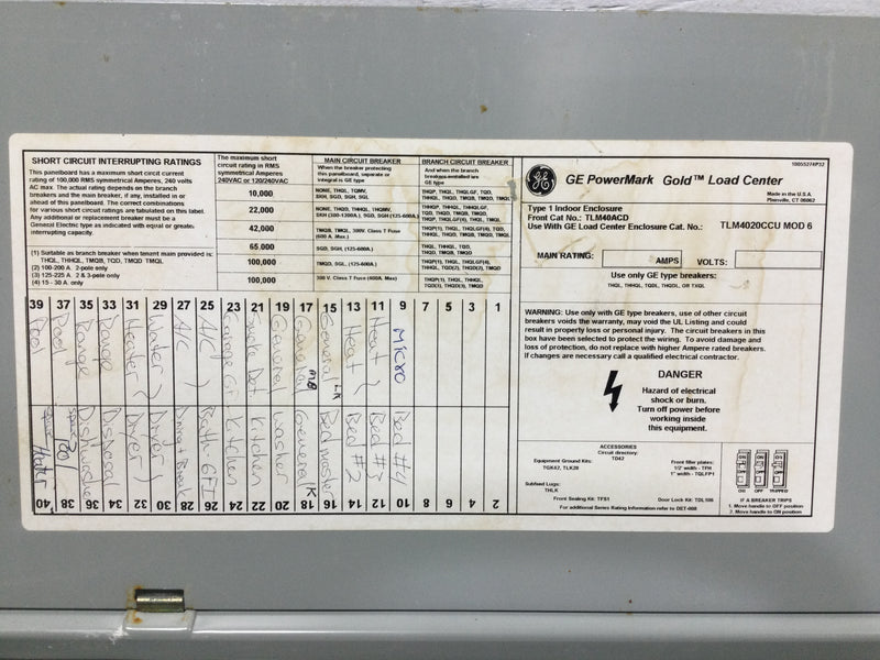 GE TLM4020CCU 200 Amp 40 Space 120/240V Panel Door w/Main 40 1/2" x 15 3/8"
