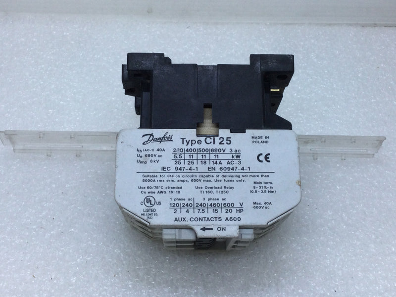 Danfoss CI 25 Contactor 40Amp 600VAC 3-Pole Aux. Contacts A600
