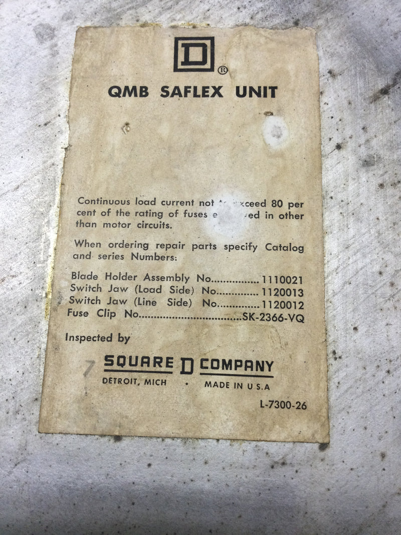 Square D QMB3260M 3 Pole 600A 240VAC 75Hp Standard 200Hp Max Type QMB