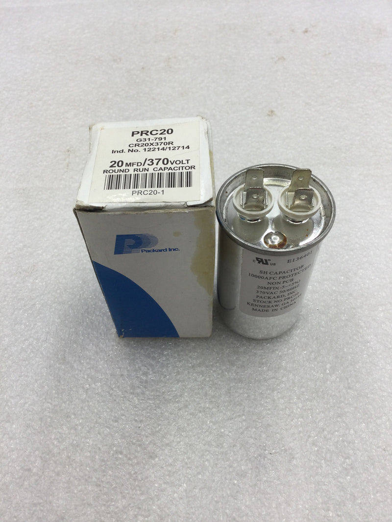 Packard PRC20 20uf +/- 5% 370 VAC 50/60 Hz SH Capacitor