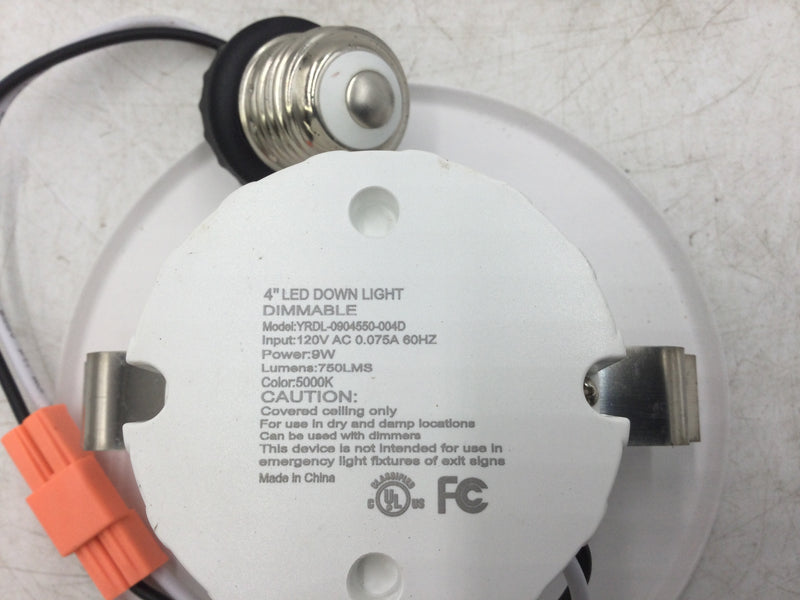 YRDL-0904550-004D 4" 9 Watt Recessed Down Light LED Dimmable Retrofit Kit 120VAC .075 Amps 60 Hz