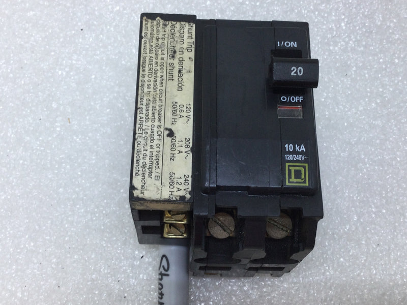 Square D QOB2201021 2 Pole 20 Amp 120v Circuit Breaker Shunt Trip QOB220