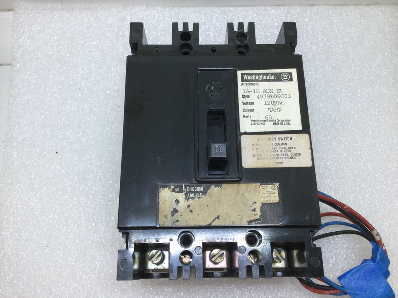 Westinghouse EHB3060 3 Pole 60 Amp 480V Circuit Breaker w/Aux Switch 1A-1B 120V 5 Amp