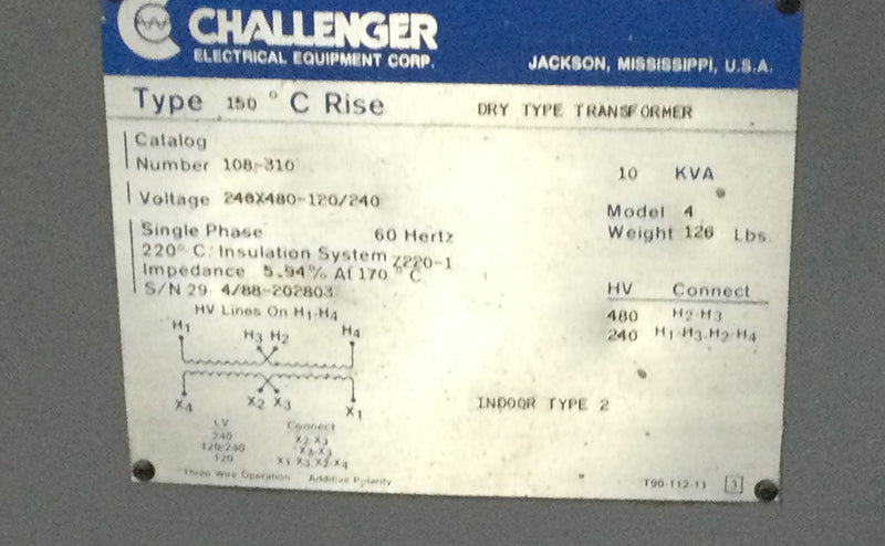 Challenger Electric 108-310 10KVA Dry Type Transformer 240/480 Primary 120/240 Secondary 18" X 27"