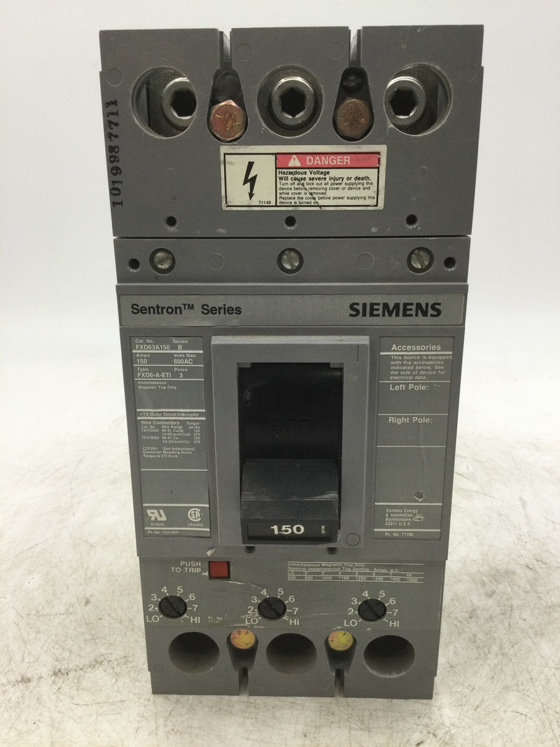 Siemens Sentron Series FXD63A150 150 Amp 600vac 3 Pole Circuit Breaker