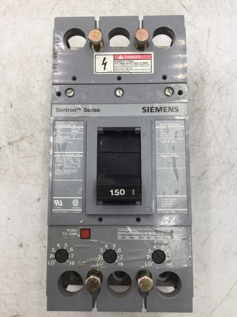 Siemens Sentron Series FXD63A150 150 Amp 600vac 3 Pole Circuit Breaker