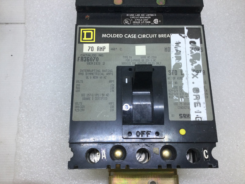 Square D FA36070 70 Amp 600 Volt 3 Pole I Line Circuit Breaker