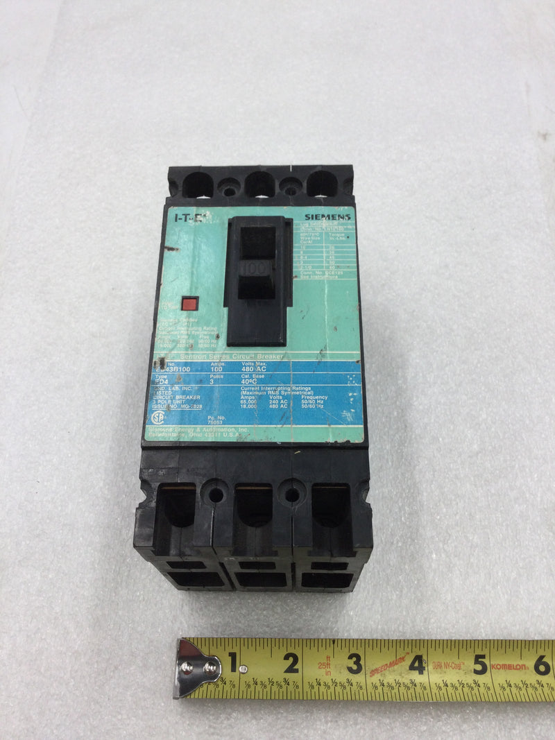 Siemens/ITE ED43B100 480 VAC 3 Pole 100 Amp Circuit Breaker with Shunt Trip