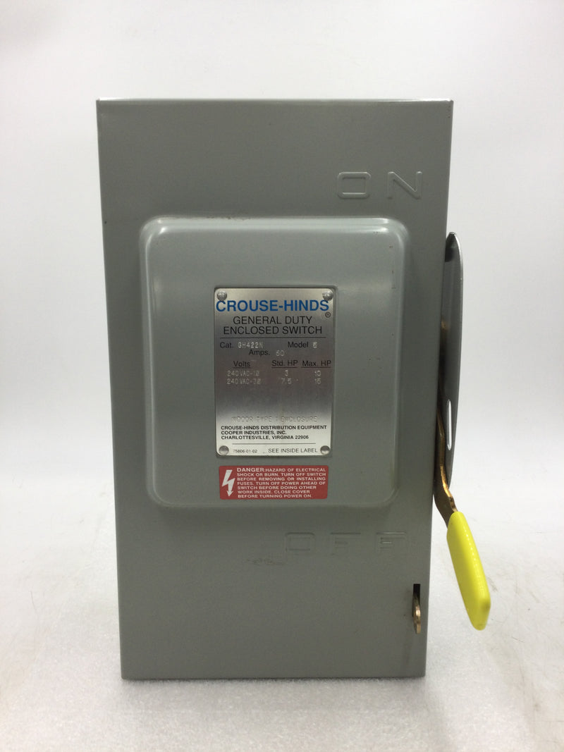Crouse Hinds GH422N 2 Pole - 3 Pole 240 V General Duty Switch Model 5. 10-15 HP