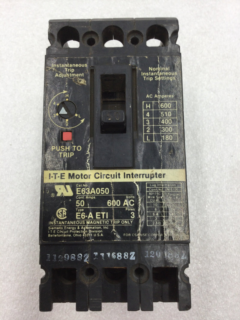 ITE E63A050 50 Amp 3 Pole 600 VAC Motor Circuit Interrupter with Shunt Trip and Without Lugs