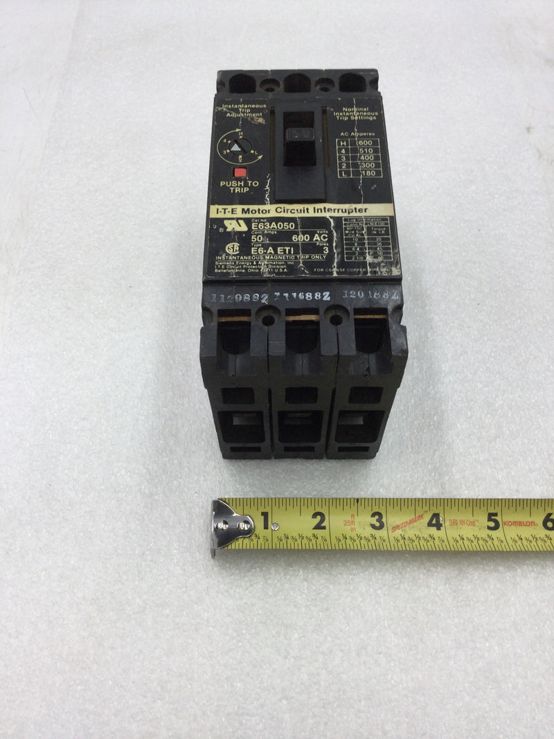 ITE E63A050 50 Amp 3 Pole 600 VAC Motor Circuit Interrupter with Shunt Trip and Without Lugs