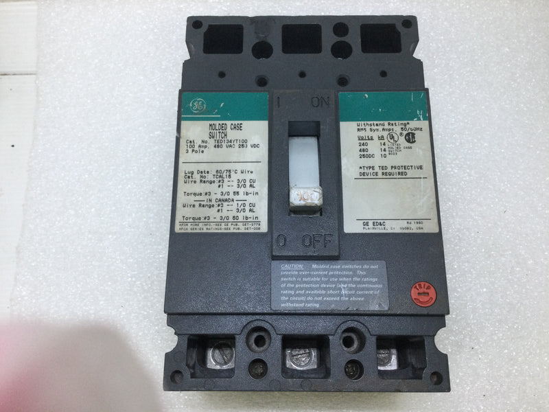 GE General Electric TED134YT100 100 Amp 3 Pole 480V Type TED Circuit B