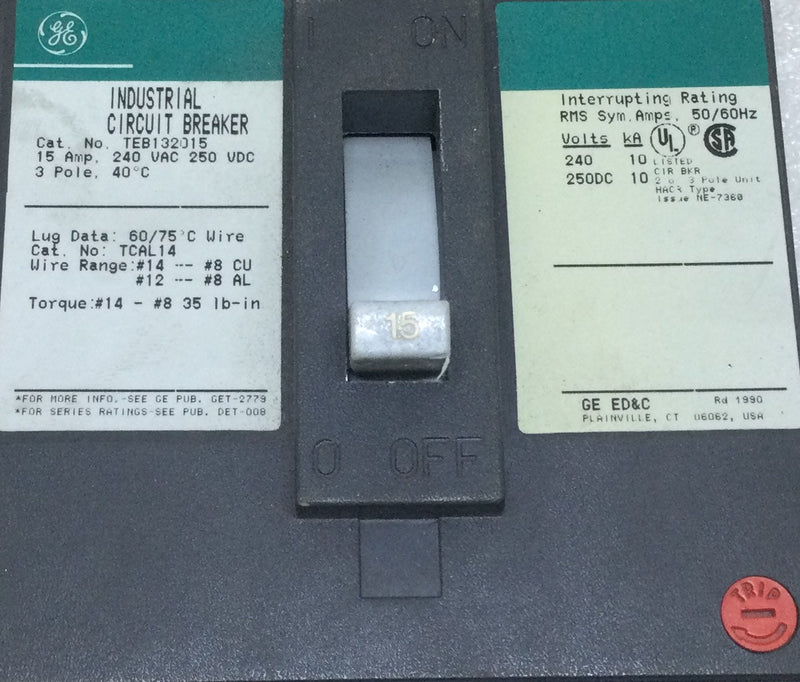 GE General Electric TEB132015 15 Amp 3 Pole 240V Circuit Breaker