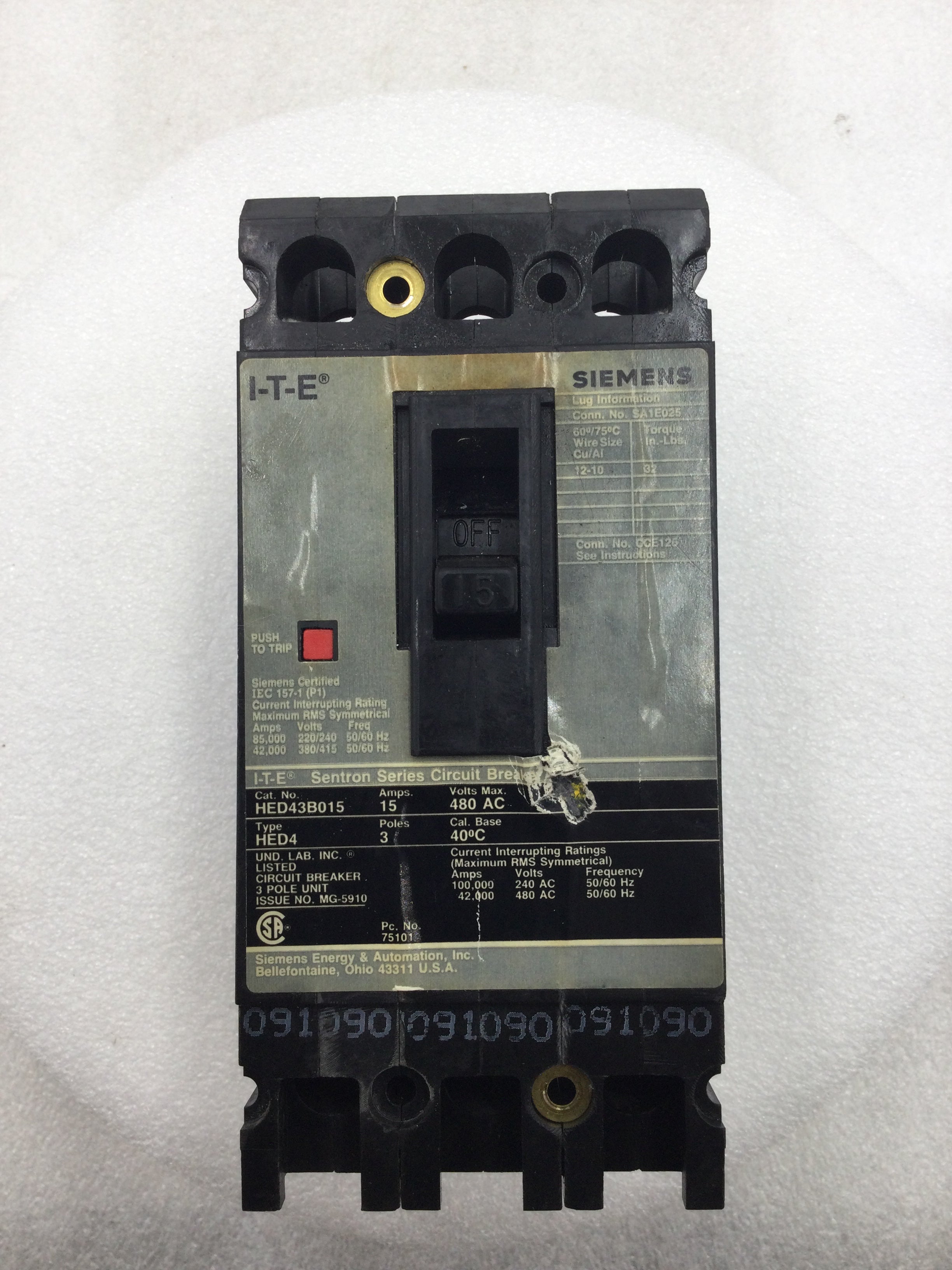 ITE Siemens HED43B015 15 Amp 3 Pole 480 VAC Circuit Breaker
