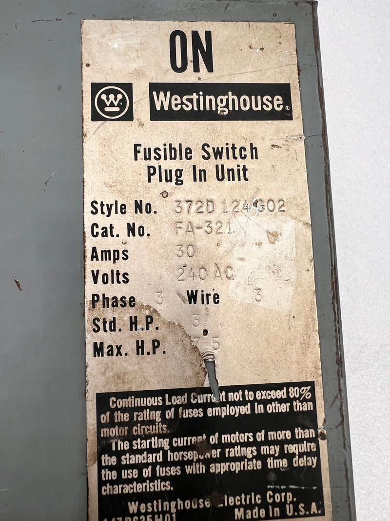 Westinghouse Fusible Switch Plug In Unit FA-321 30 Amp 372D124G02