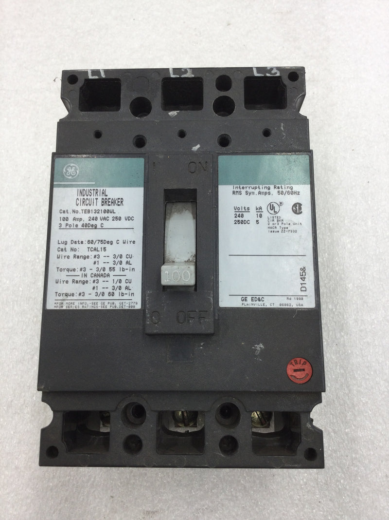 GE General Electric TEB132100WL 3 Pole 100 Amp 240 VAC Type TEB Circuit Breaker