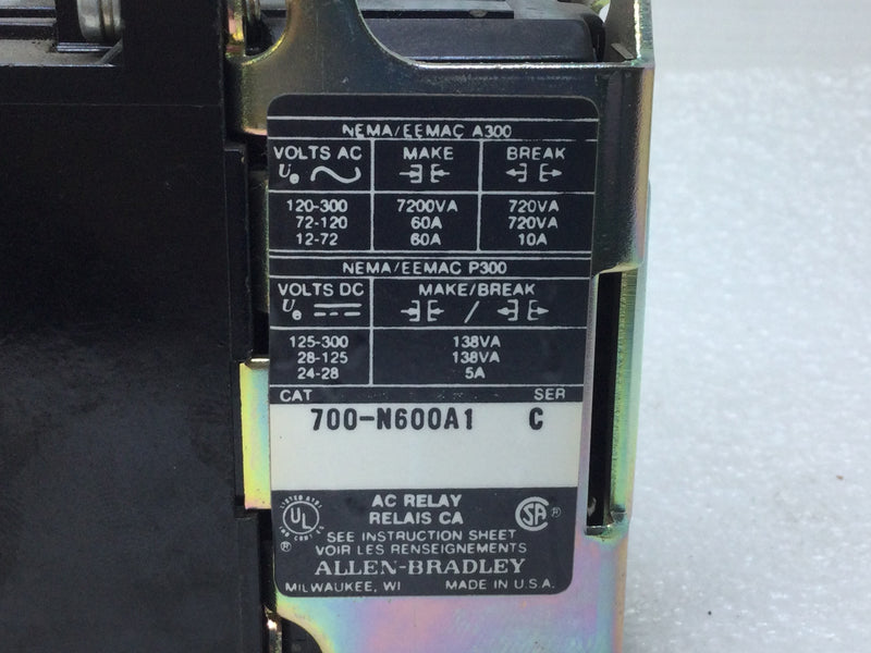 Allen-Bradley Bulletin 700-N600A1 AC Relay Type N Series C NEMA A300 120-300V 60Amp