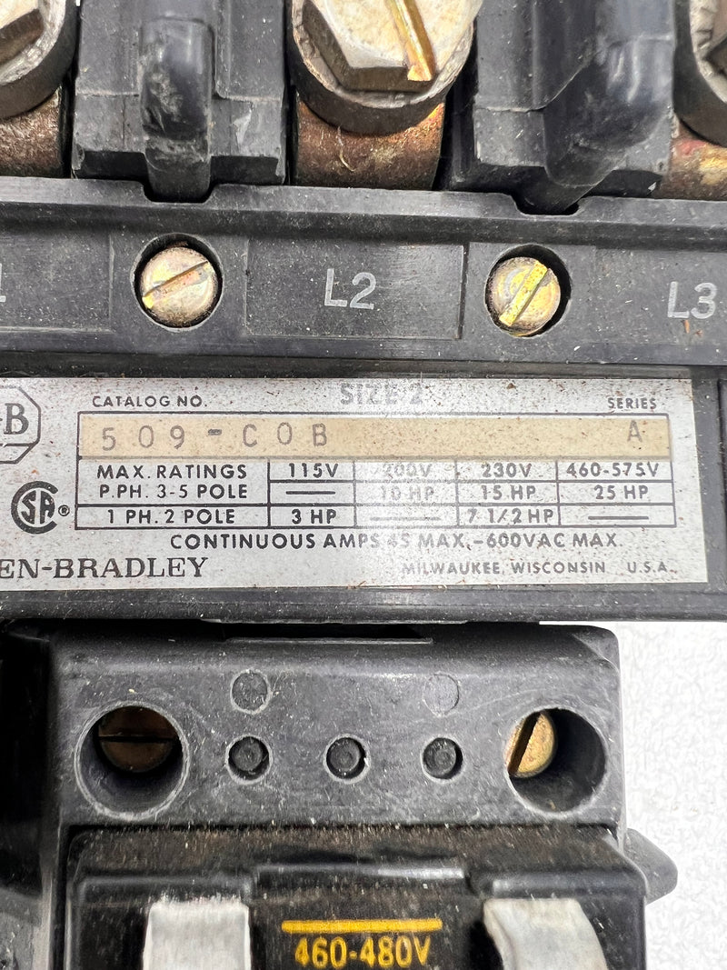 Allen-Bradley 509-COB Starter NEMA Size 2 Series A 25HP @460-575v 1 Phase 3 Phase