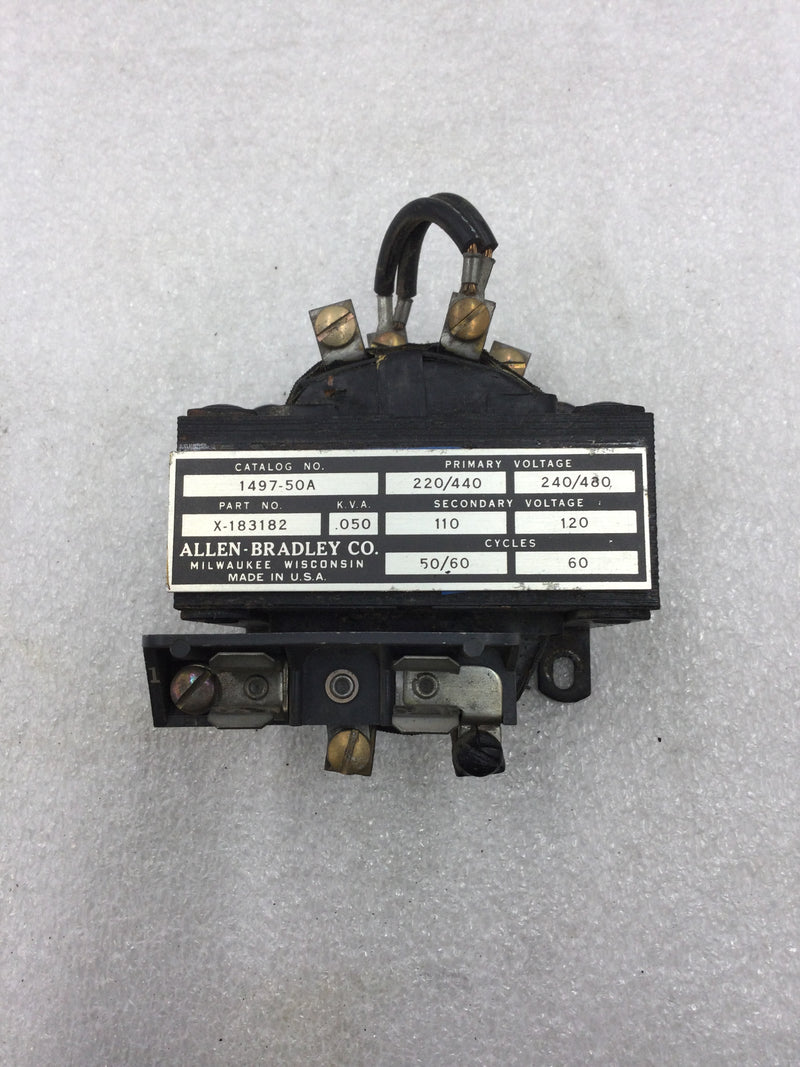 Allen Bradley X-183182 Control Circuit Transformer Primary 220/440 VAC and 240/480 VAC .050 KVA