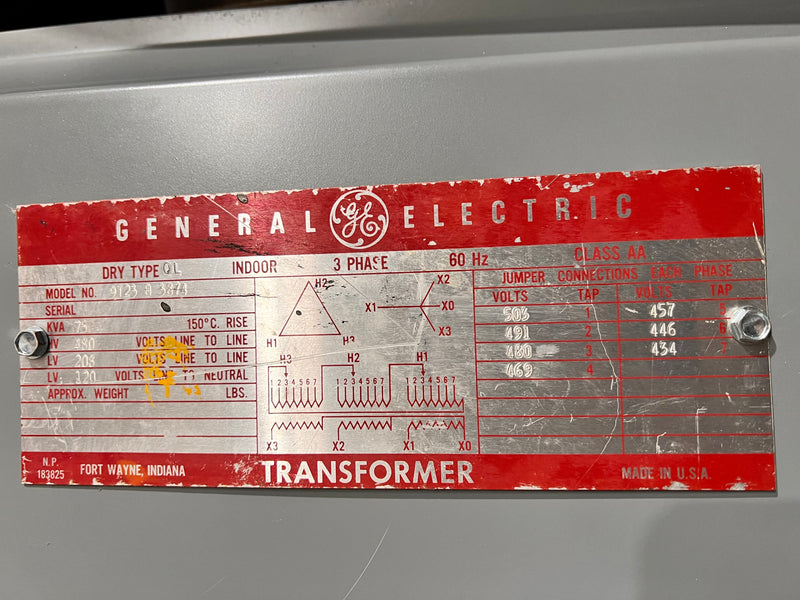 GE General Electric Dry Type Indoor Transformer 75KVA 9T23B3874 3 Phase Type QL Class AA 480V