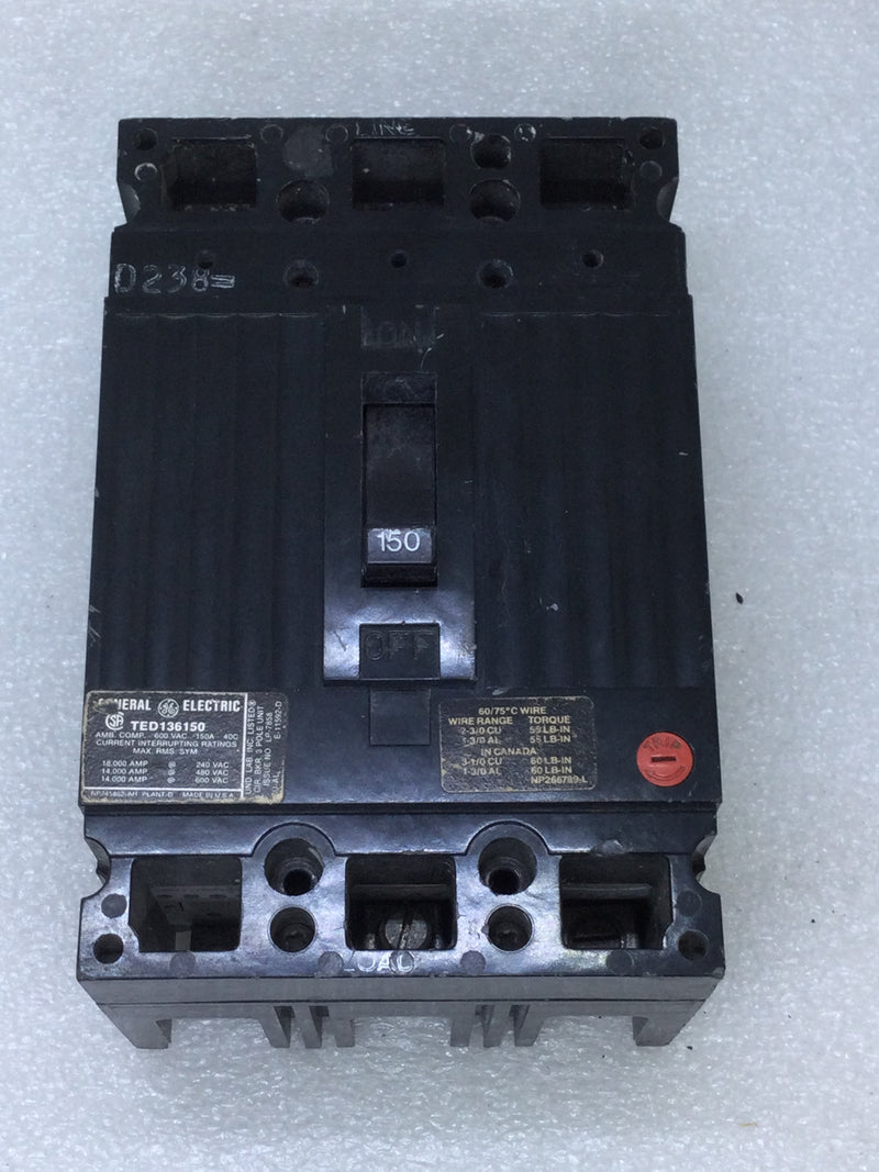 GE General Electric TED136150 Circuit Breaker 3 Pole 150A 600 VAC Type TED with Trip Adjustment