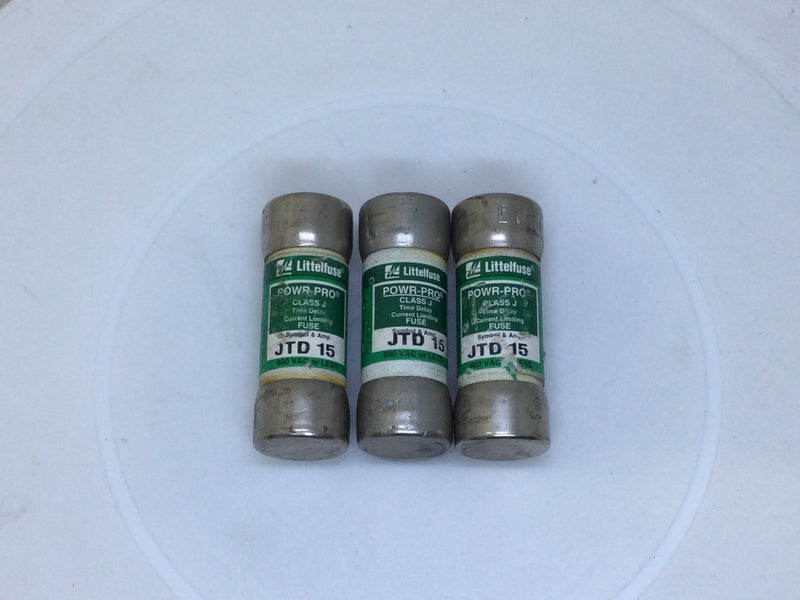 Littelfuse JTD-15 15 Amp 600V Time Delay Class J Fuse - Lot of 3
