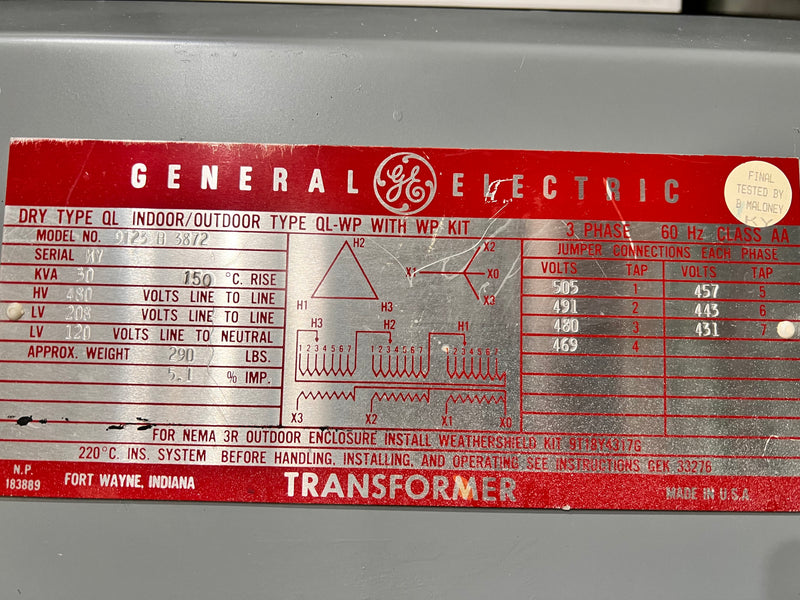GE General Electric Dry Type Transformer 30KVA 9T23B3872 Phase Type 2 3R 480V 5.1% Imp