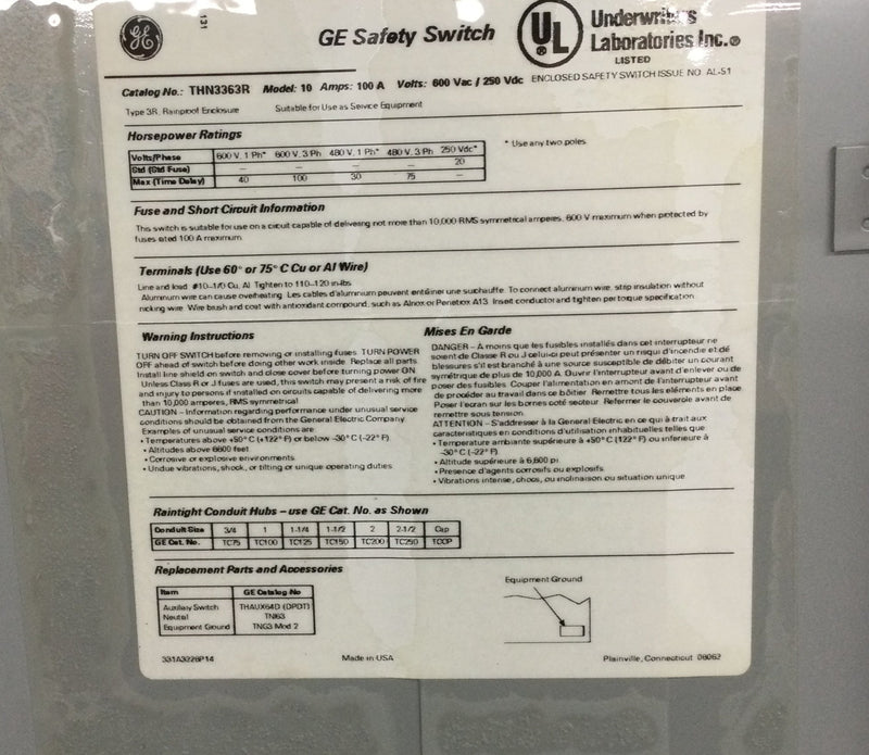 GE General Electric THN3363R Heavy Duty 100 Amp 480/600 VAC Non-Fused Safety Switch 3 Pole Nema 1R