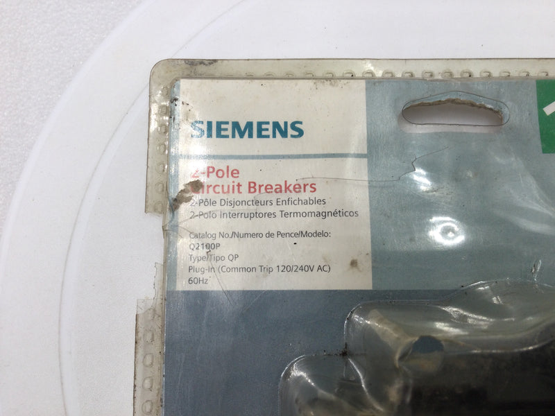 Siemens Q2100 100 Amp 2 Pole 240V Circuit Breaker - In Package Aged Stock