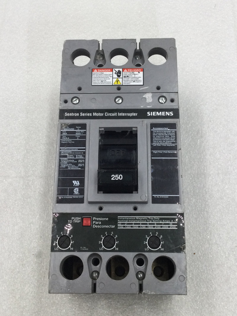 Siemens Sentron Series FXD63A250 Series C 250 Amp 3 Pole 600Vac Circuit Interrupter