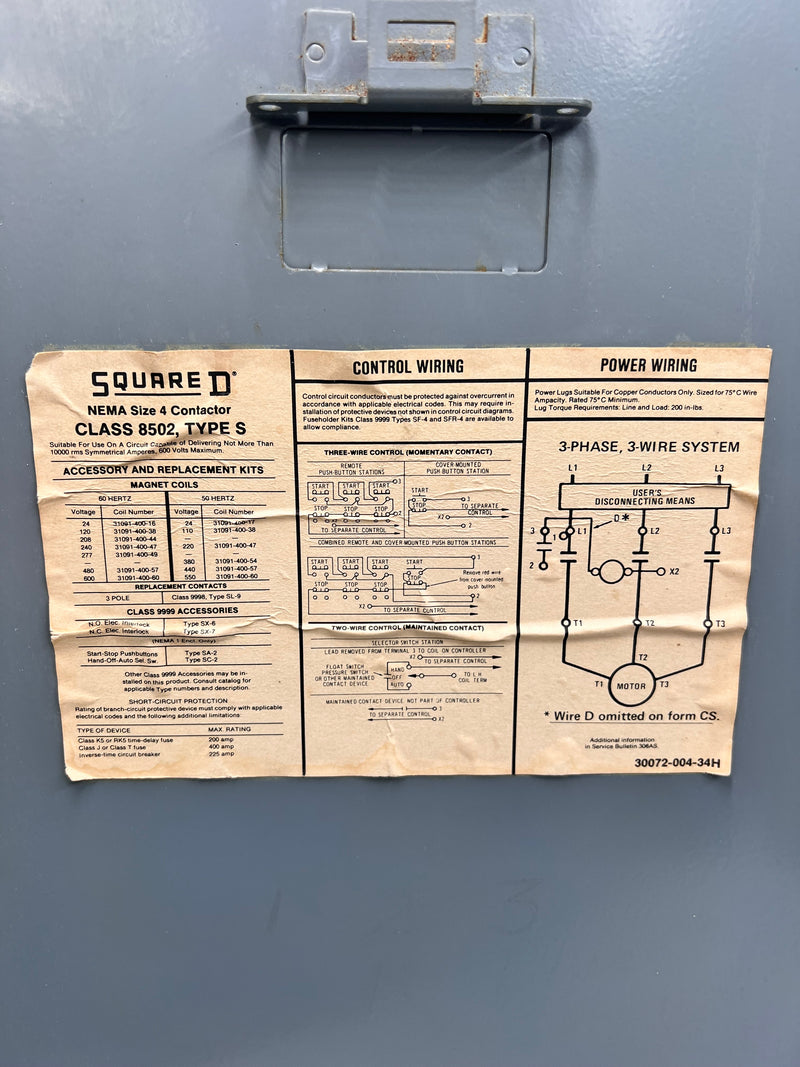 Square D 225 Amp Max Class 8502 Type S Contactor Enclosure 30072-004-34H