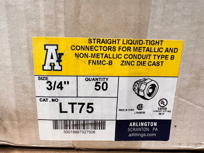 Arlington LT75 Straight liquid-tight connectors for metallic and non-metallic conduit type b 3/4" FNMC-B box of 50 LT75