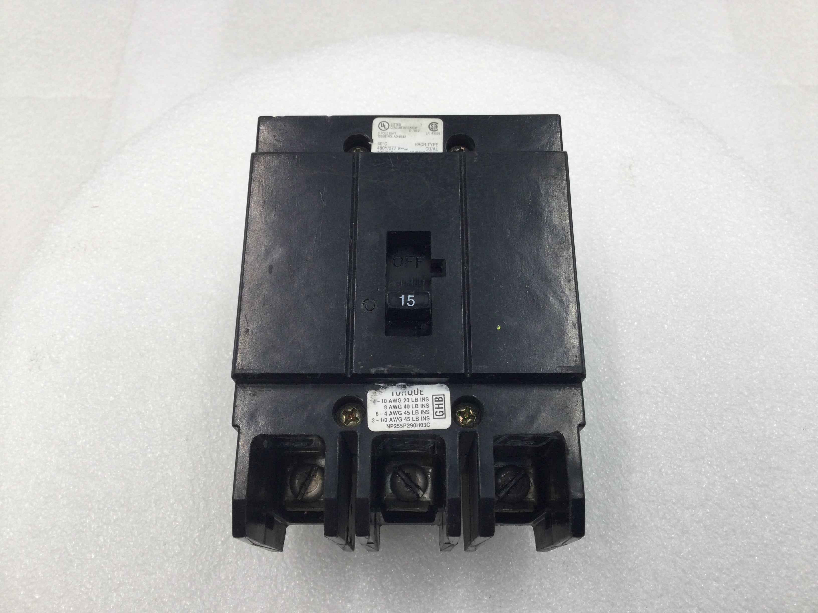 Eaton/Cutler Hammer GHB3015 15 Amp 3 Pole 277/480V Circuit Breaker