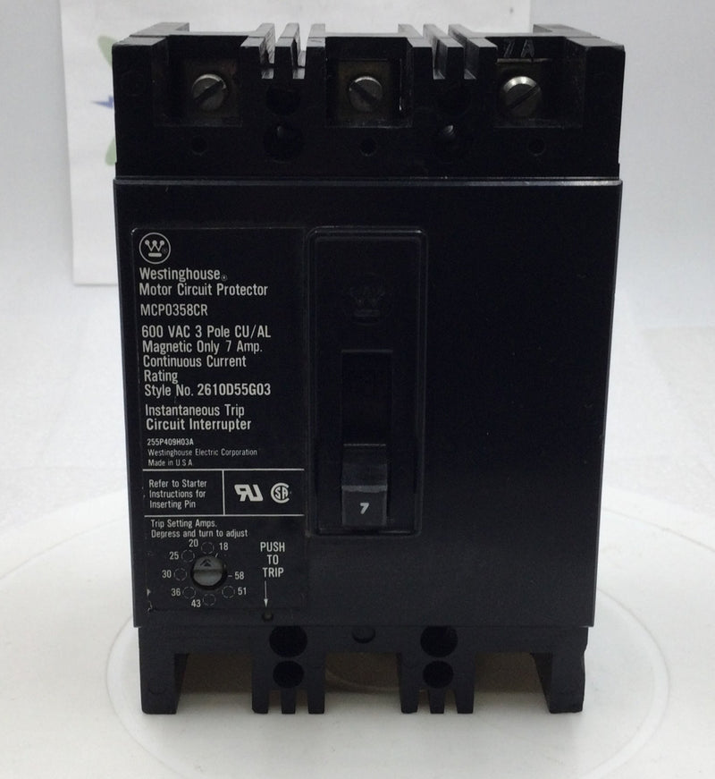 Westinghouse MCP0358CR 7 Amp 3 Pole 600V Circuit Breaker - Cosmetic Flaw