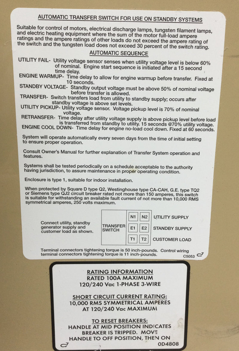 Generac 0E7969 Guardian 12 Circuit 100 Amp 120/240V Transfer Switch/Load Center
