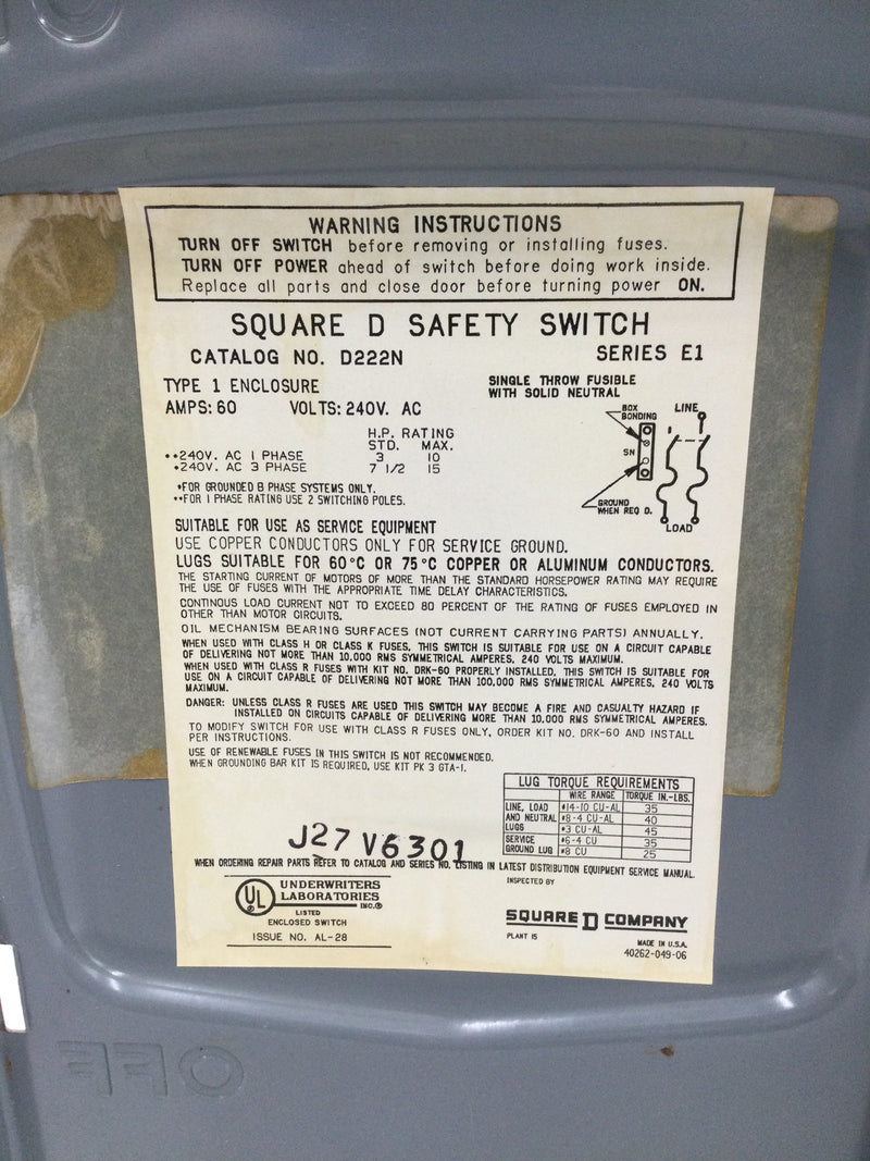 Square D D222N 2 Pole 60A 240VAC Fusible Nema1 Safety Switch