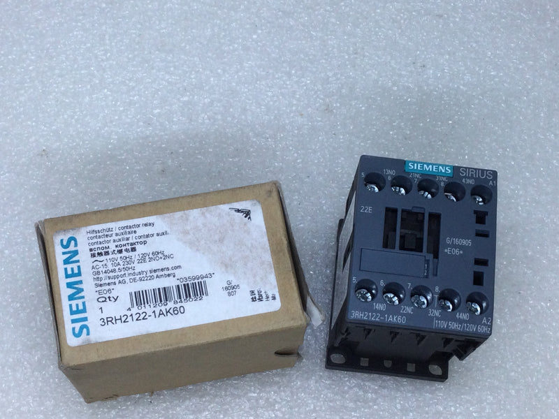 Siemens 3RH2122-1AK60 Hifsschutz/Contactor Relay 110/120V Coil 50/60Hz 3Ph 600VAC 10Hp Max